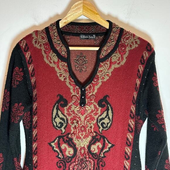Silver Lane Red tapestry baroque sweater dress womans size Medium - Picture 2 of 12